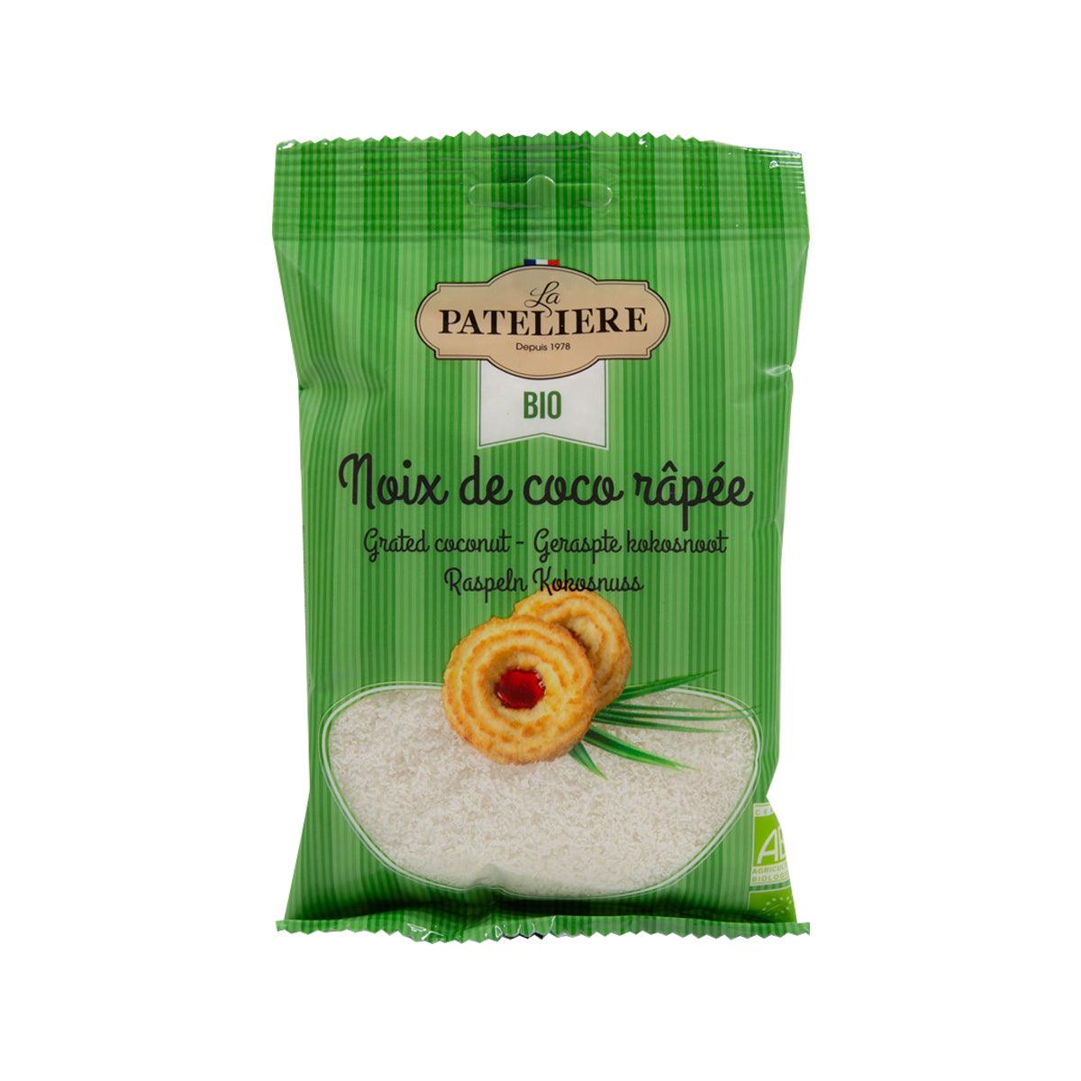 LA PATELIERE organic grated coconut in green sealed pouch, BIO label, 125g
