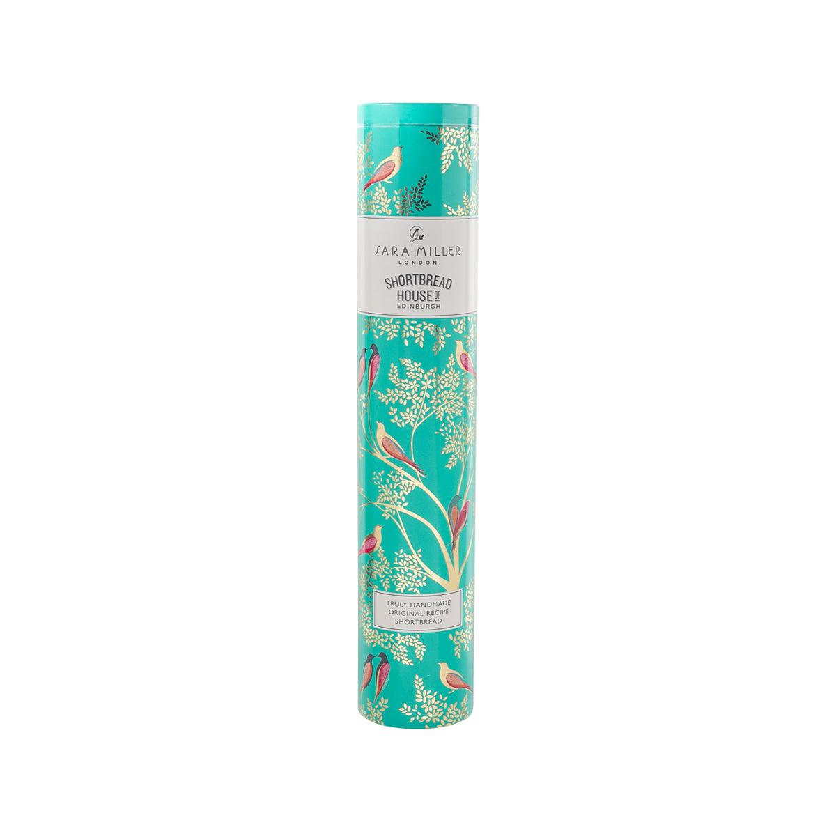 Handmade original shortbread tin with teal botanical bird design