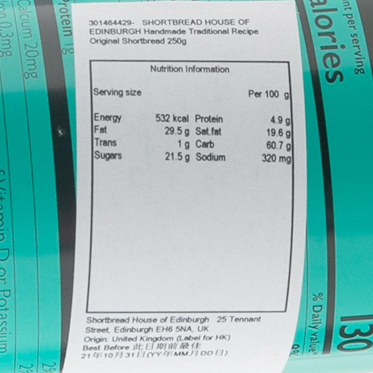 Nutrition information panel for original shortbread, per 100g values