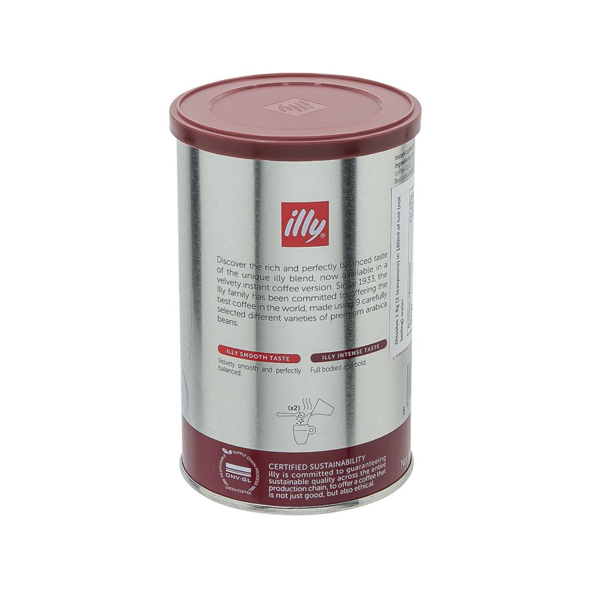 ILLY Intenso instant coffee canister back, dark roast, silver can with red lid