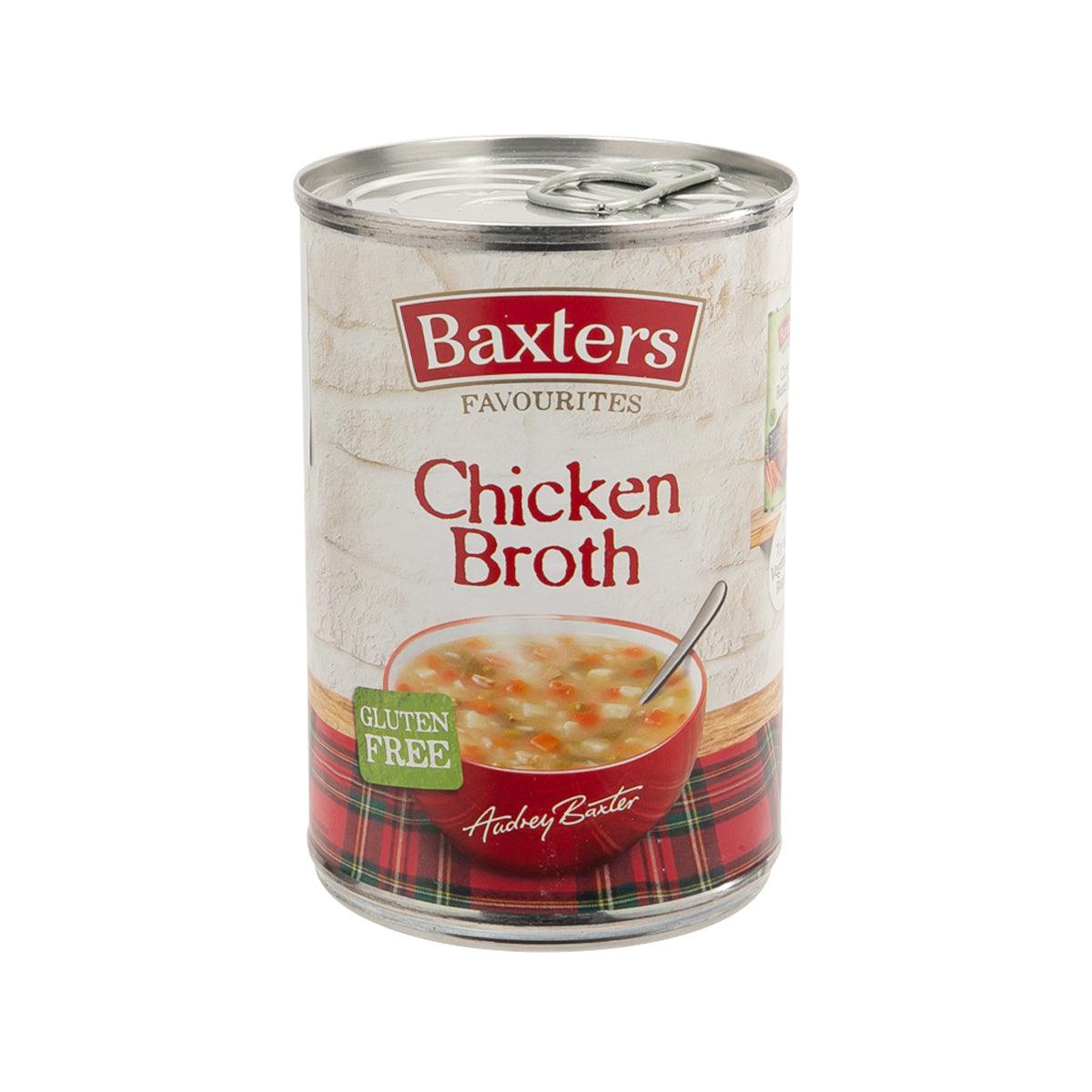 BAXTERS Chicken Broth can, gluten-free label with red tartan design