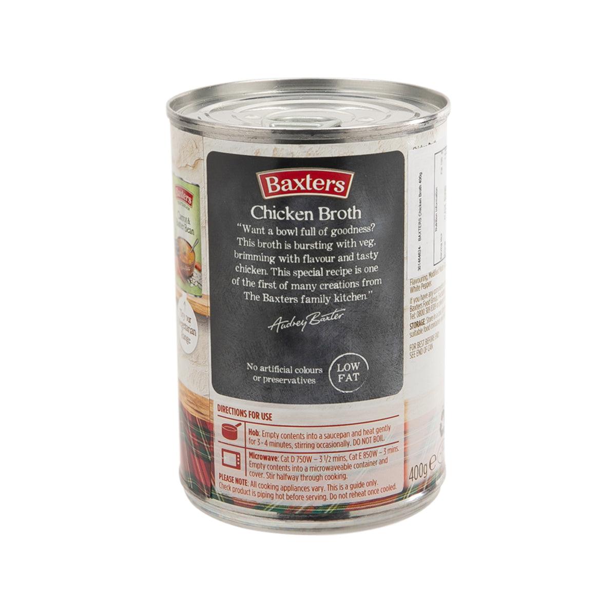 BAXTERS Chicken Broth can, back label with low fat and cooking info