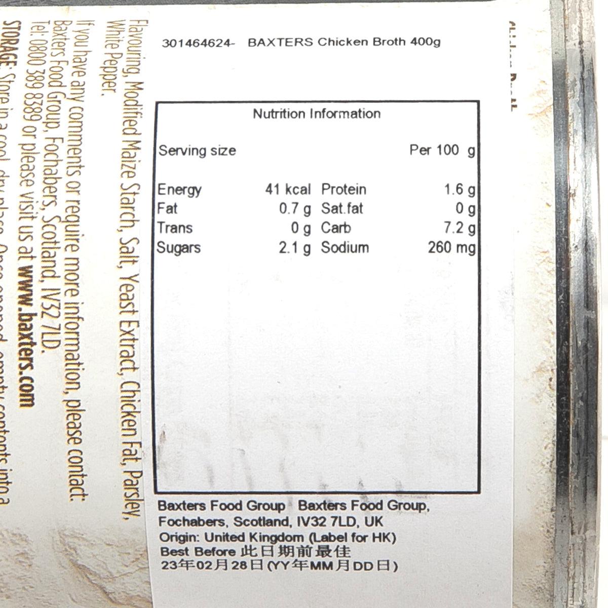 BAXTERS Chicken Broth nutrition panel showing per 100 g values