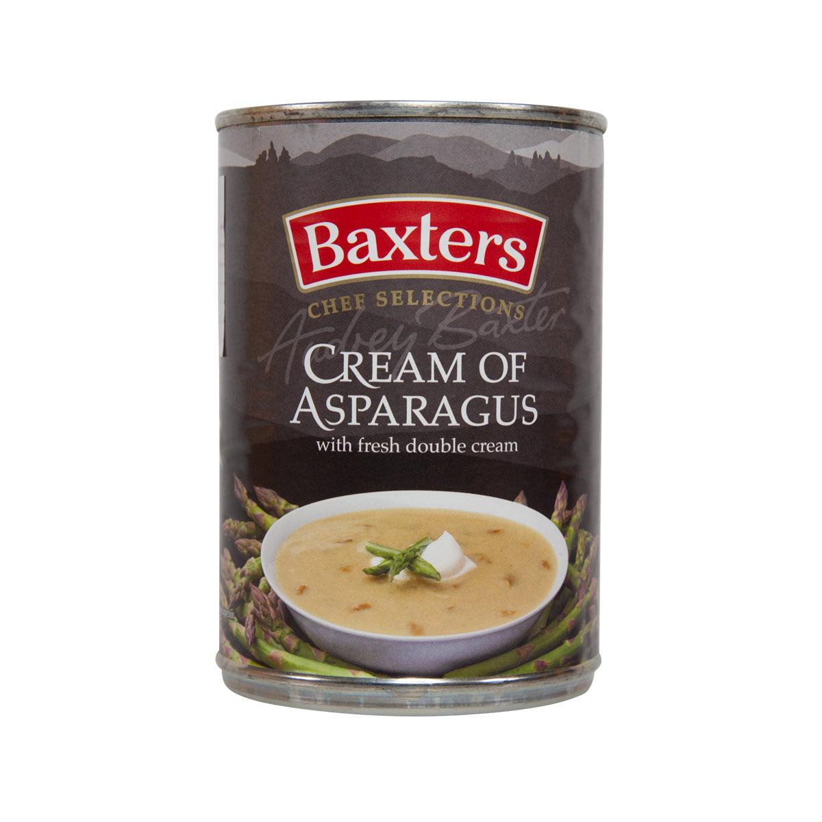 Baxters Cream of Asparagus soup can, with bowl and green asparagus on label
