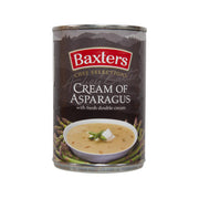 Baxters Cream of Asparagus soup can, with bowl and green asparagus on label