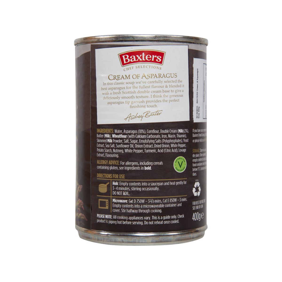 Baxters Cream of Asparagus soup can, back label with ingredients and serving info