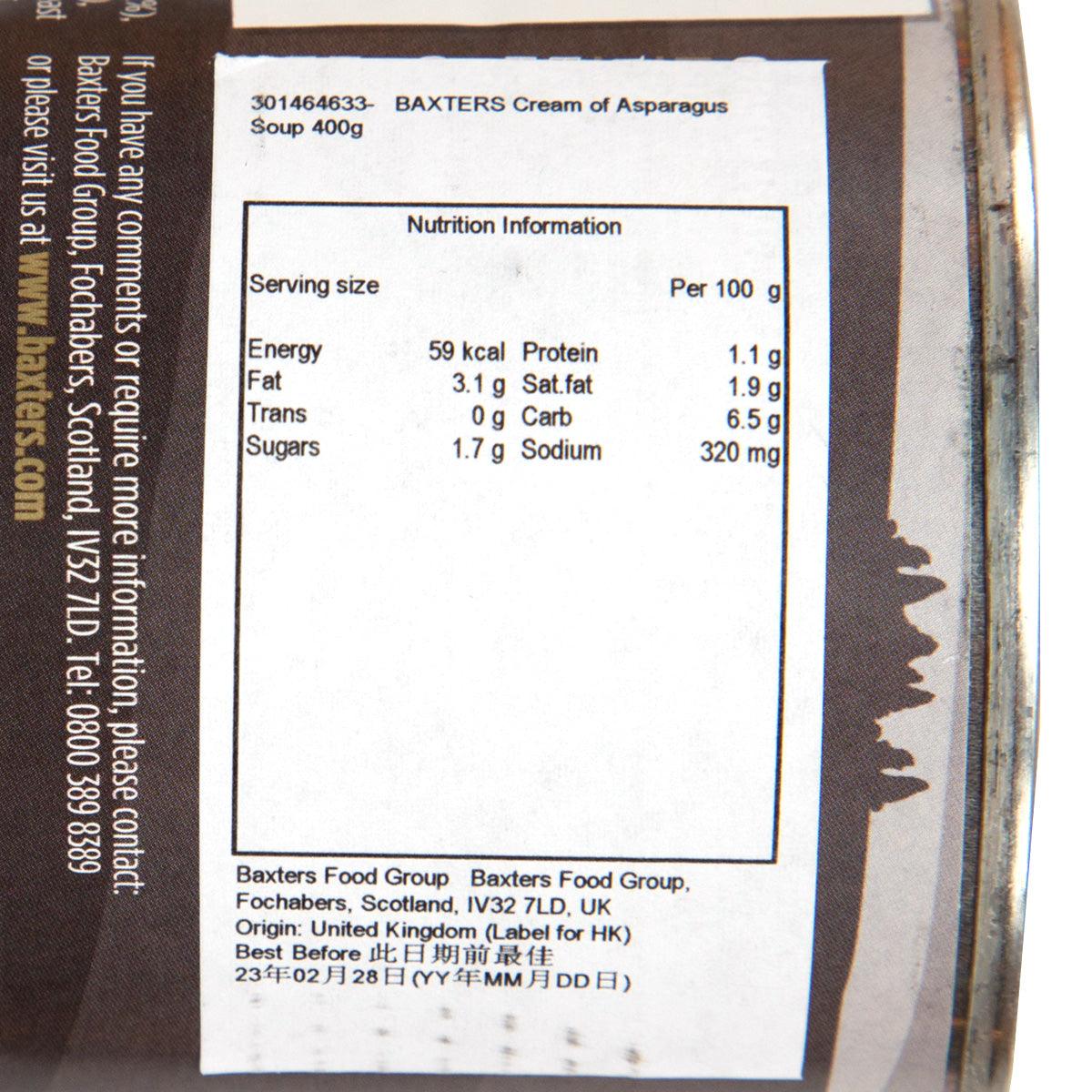 Baxters Cream of Asparagus soup nutrition label, per 100 g with energy and protein