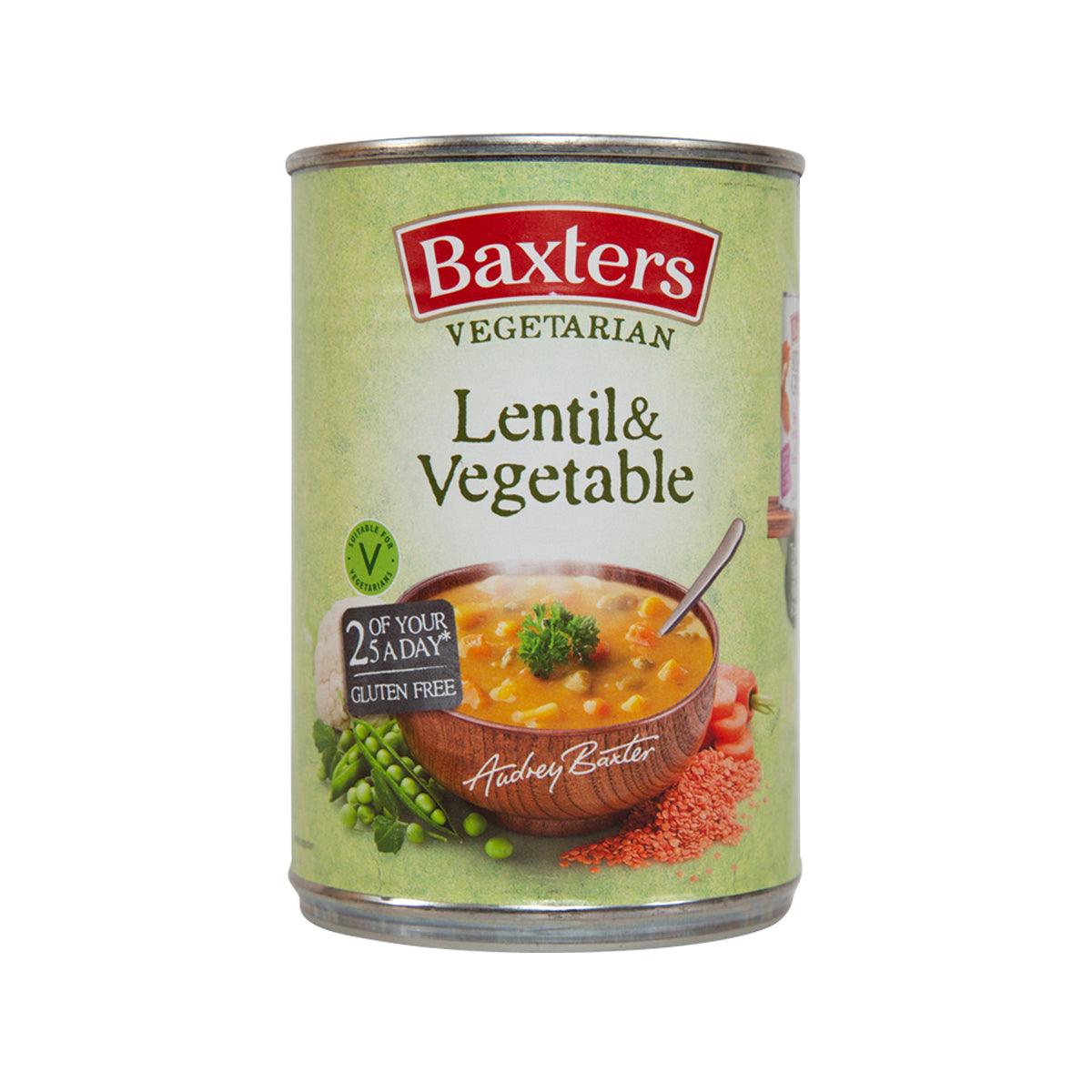Vegetarian lentil and vegetable soup can with Baxters front label, 400g.