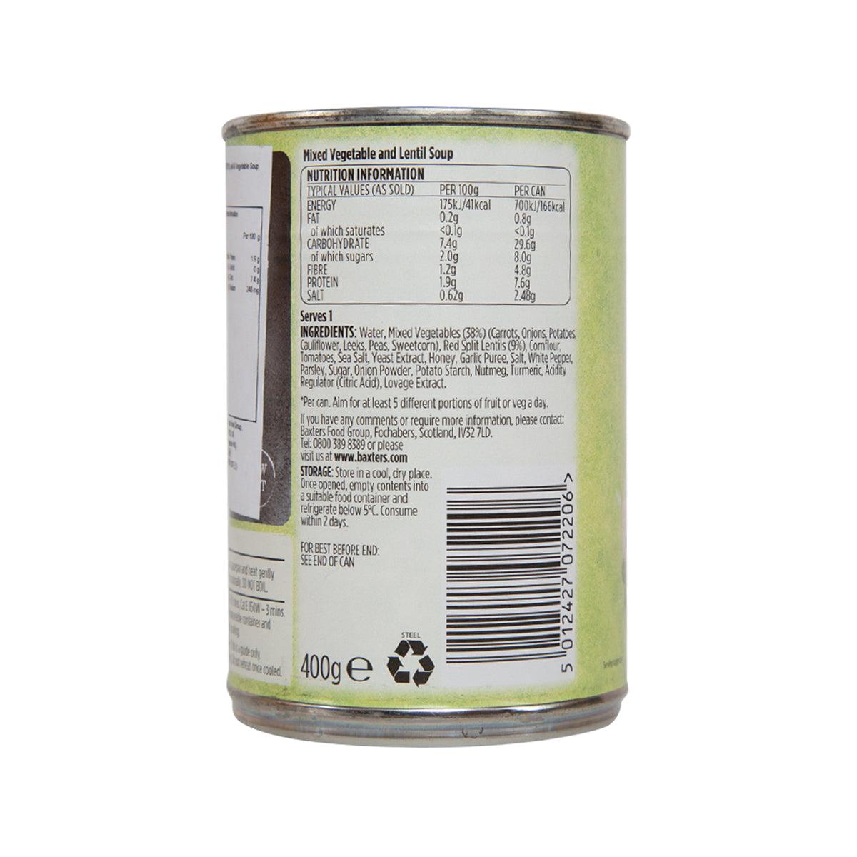 Back of Baxters lentil and vegetable soup can showing ingredients and barcode, 400g.