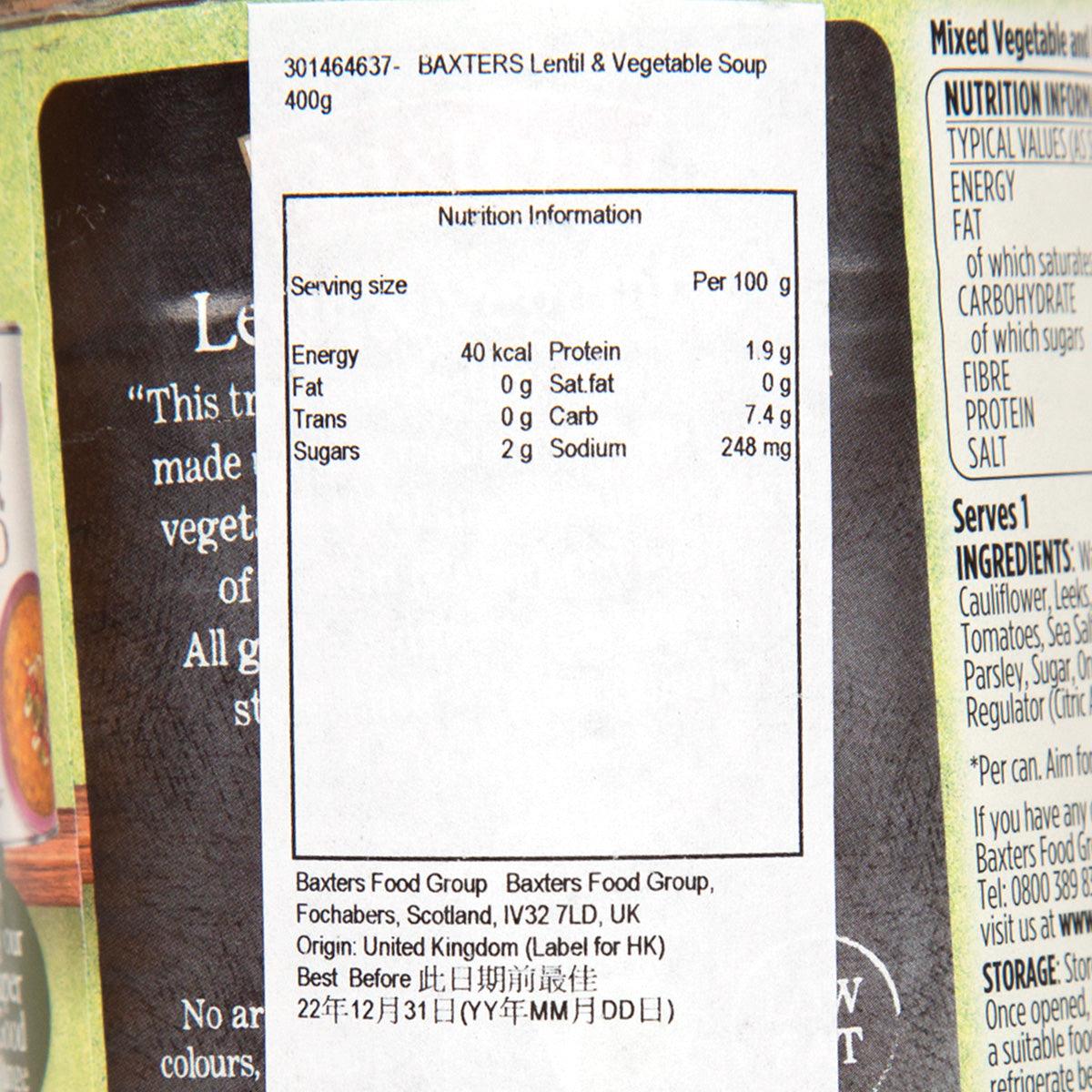 Close-up of nutrition information panel on lentil and vegetable soup can.