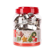 Christmas cookie cutter set in clear jar with red lid, assorted metal festive shapes