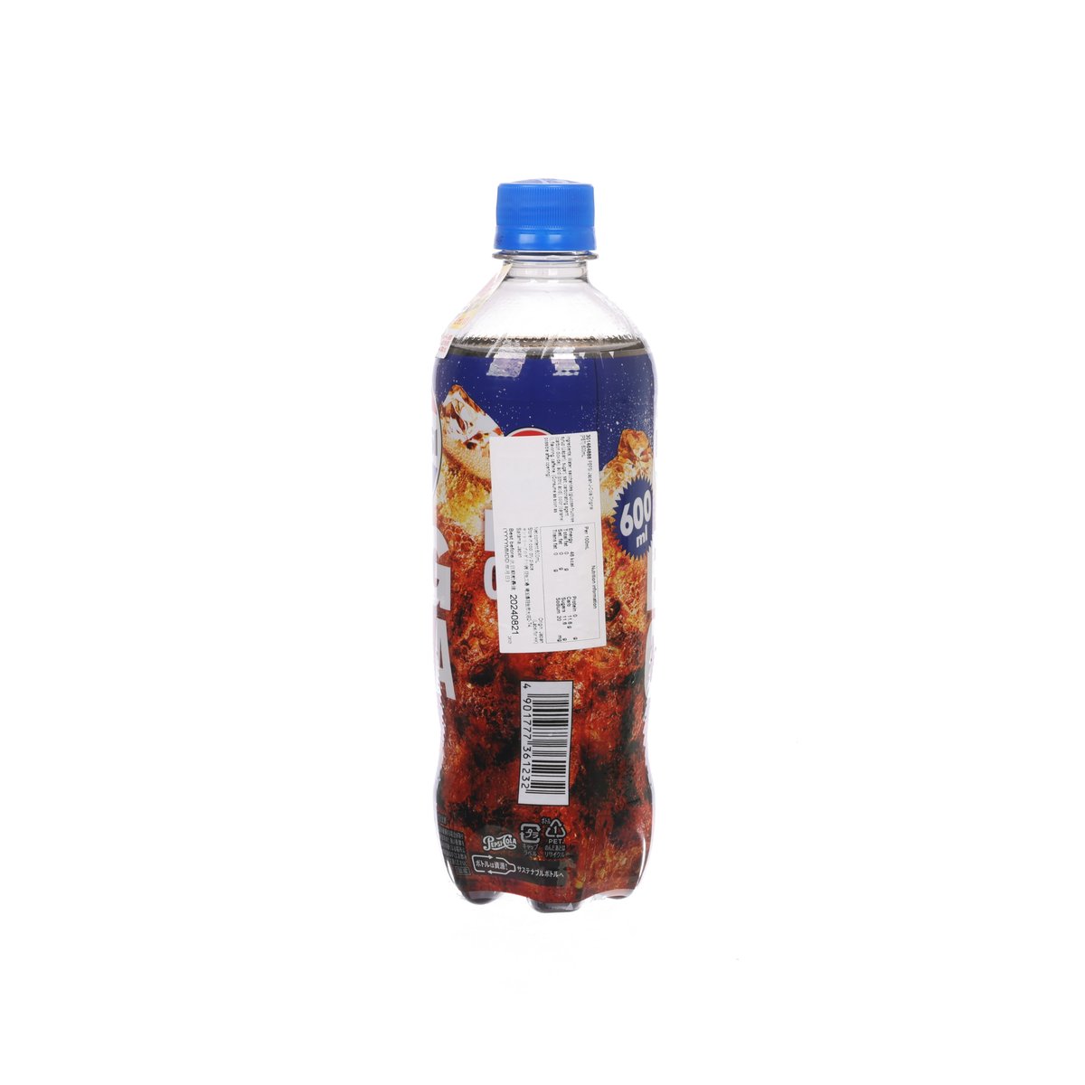 Pepsi J-Cola PET cola bottle, 600 mL, blue cap, back label and barcode