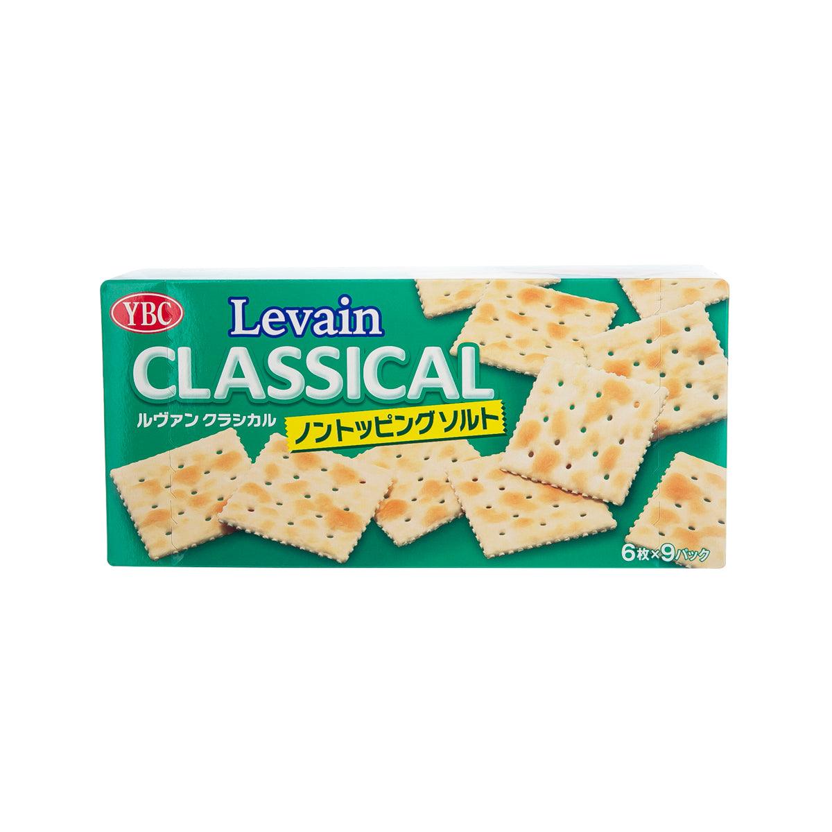 YBC Levain classical cracker box, front with square plain crackers and salt-free claim.