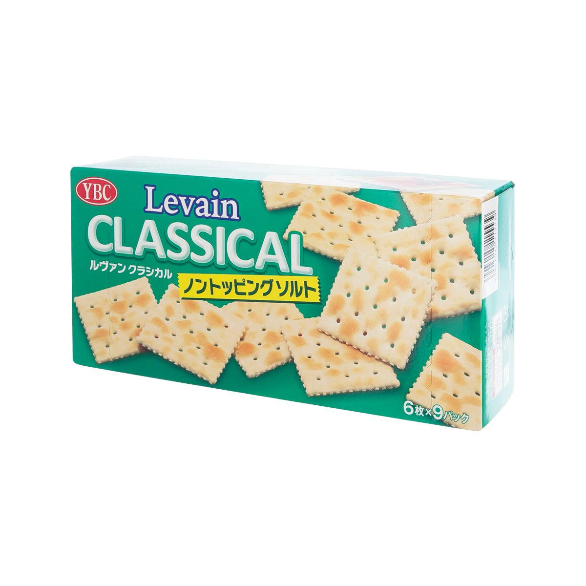 YBC Levain classical cracker box, side view showing square crackers in box.