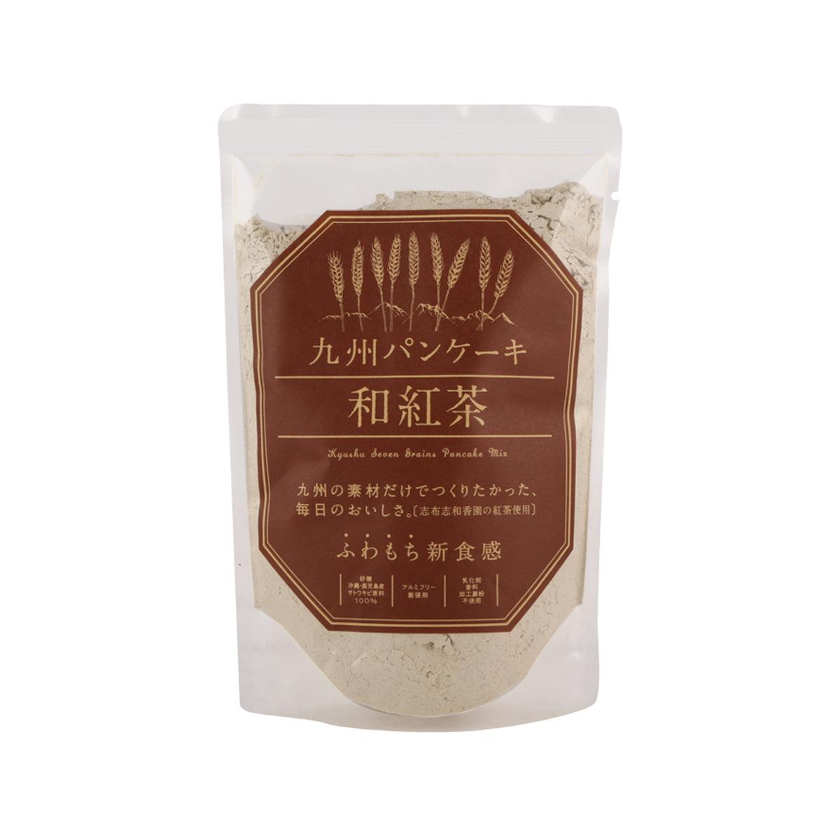 Japanese tea pancake mix pouch, front label on clear stand-up bag, 200g