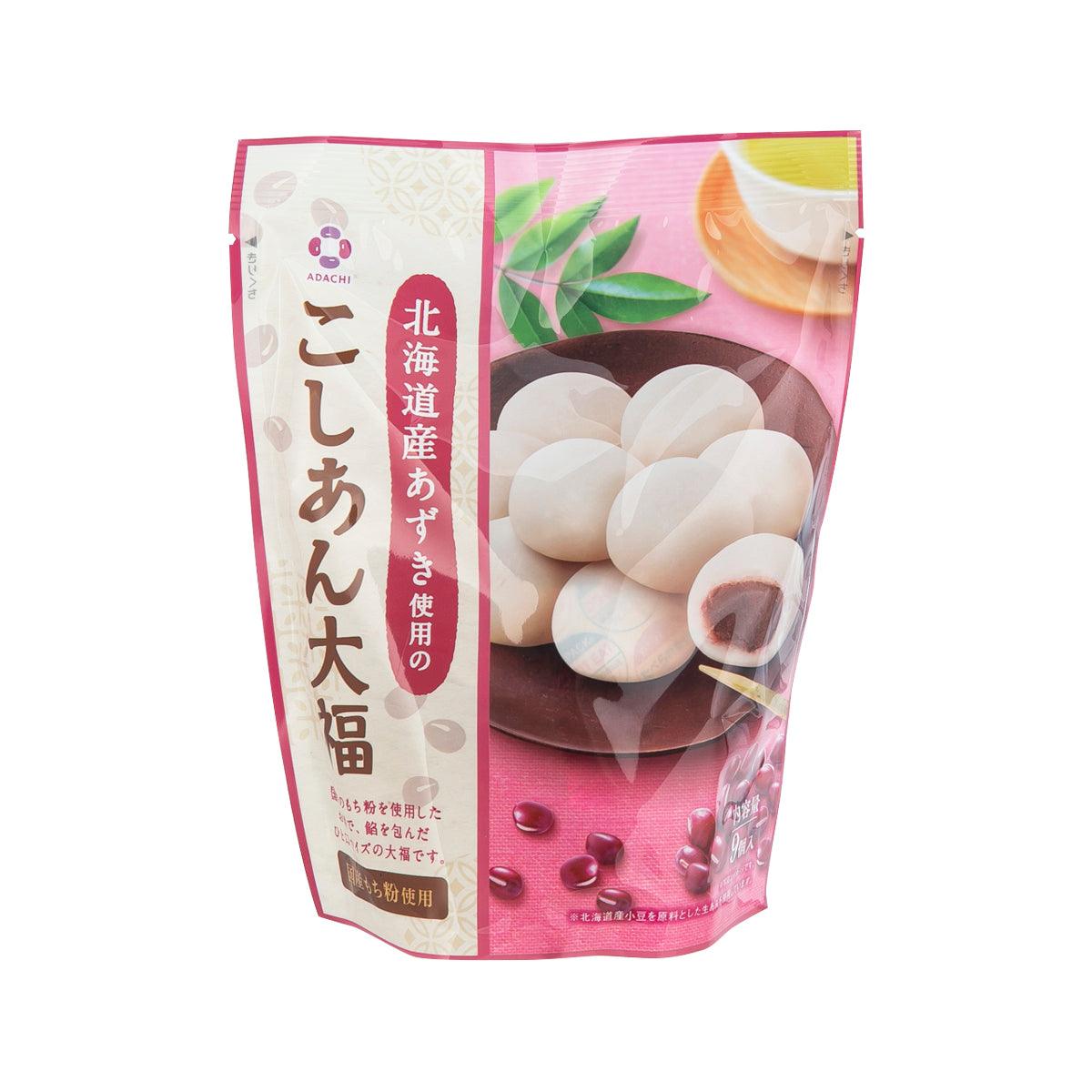 Red bean daifuku rice cakes bag, clear window showing white mochi pieces