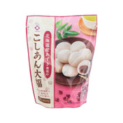 Red bean daifuku rice cakes bag, clear window showing white mochi pieces