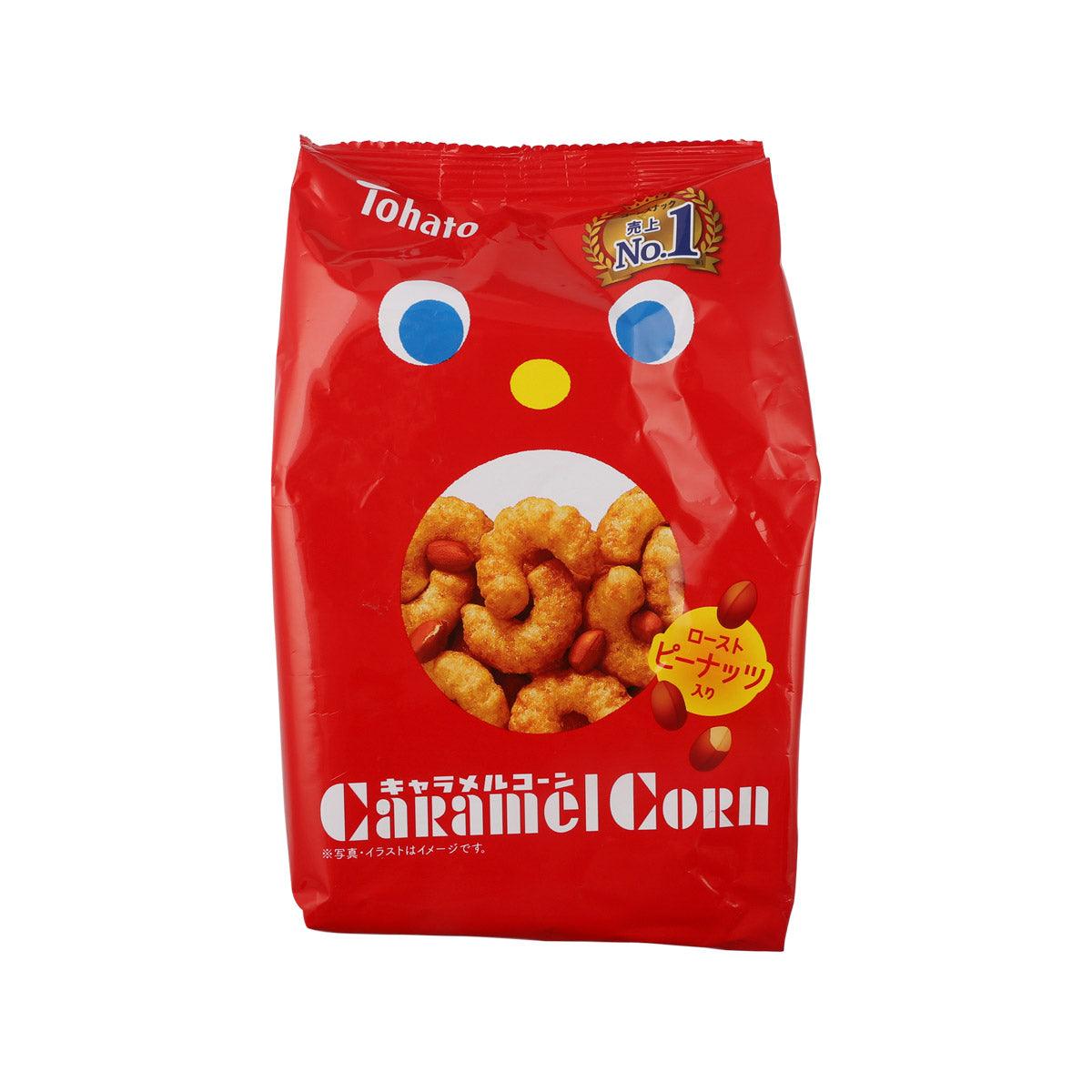 TOHATO caramel corn snack bag, red with corn illustration front.