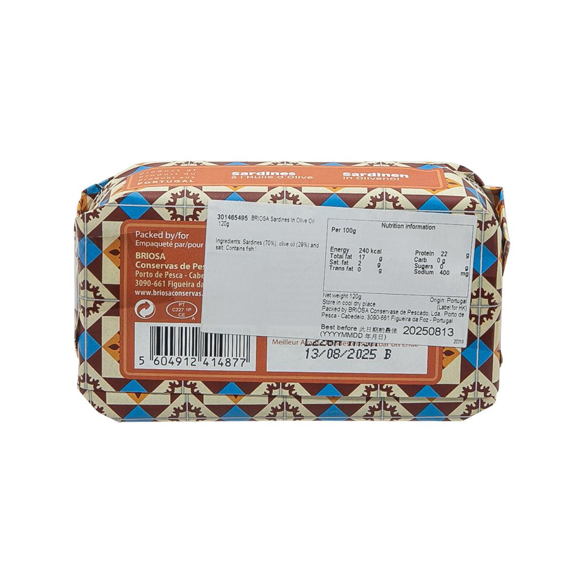 BRIOSA sardines in olive oil tin, 120 g back label with barcode