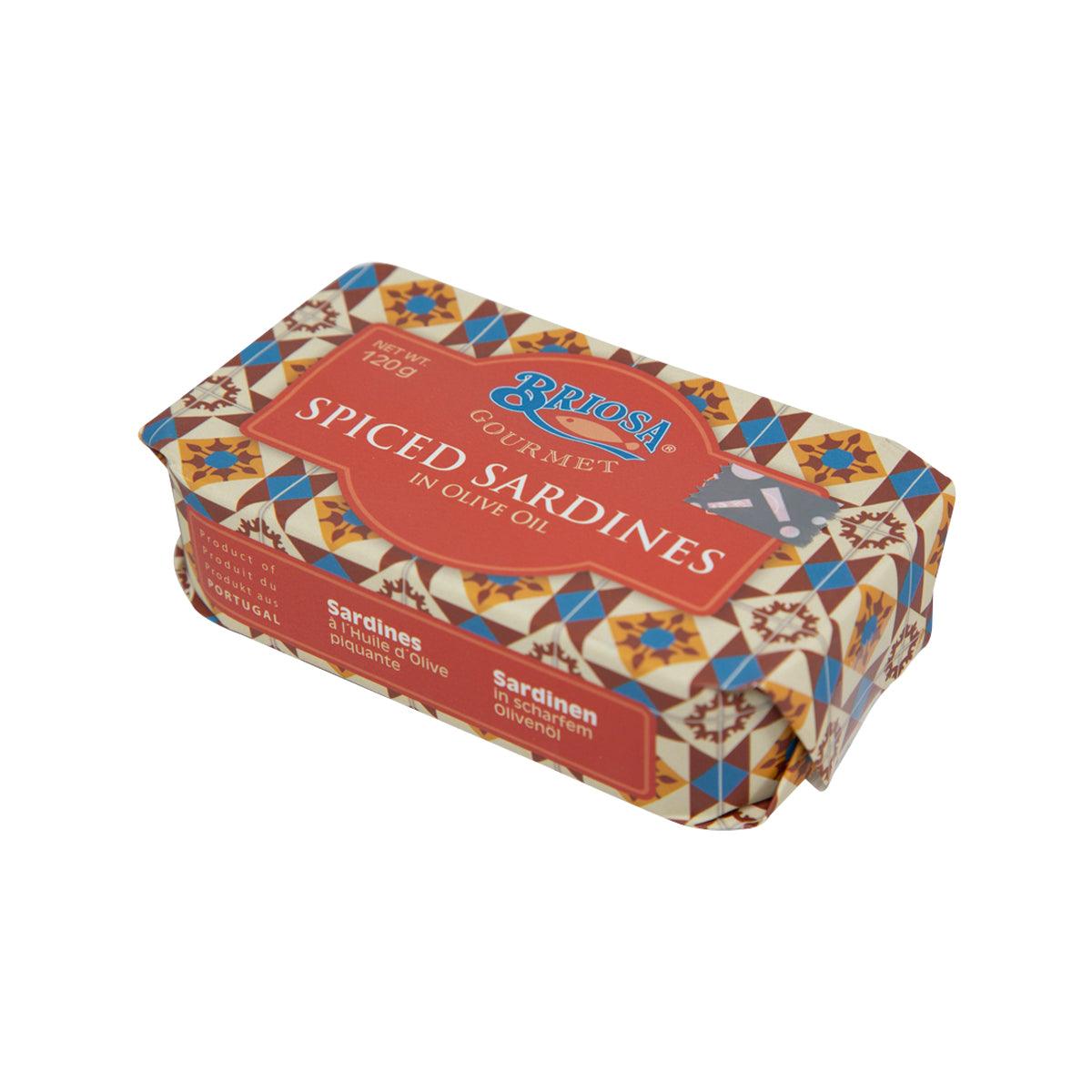 Spiced sardines in olive oil package (120g) angled side view