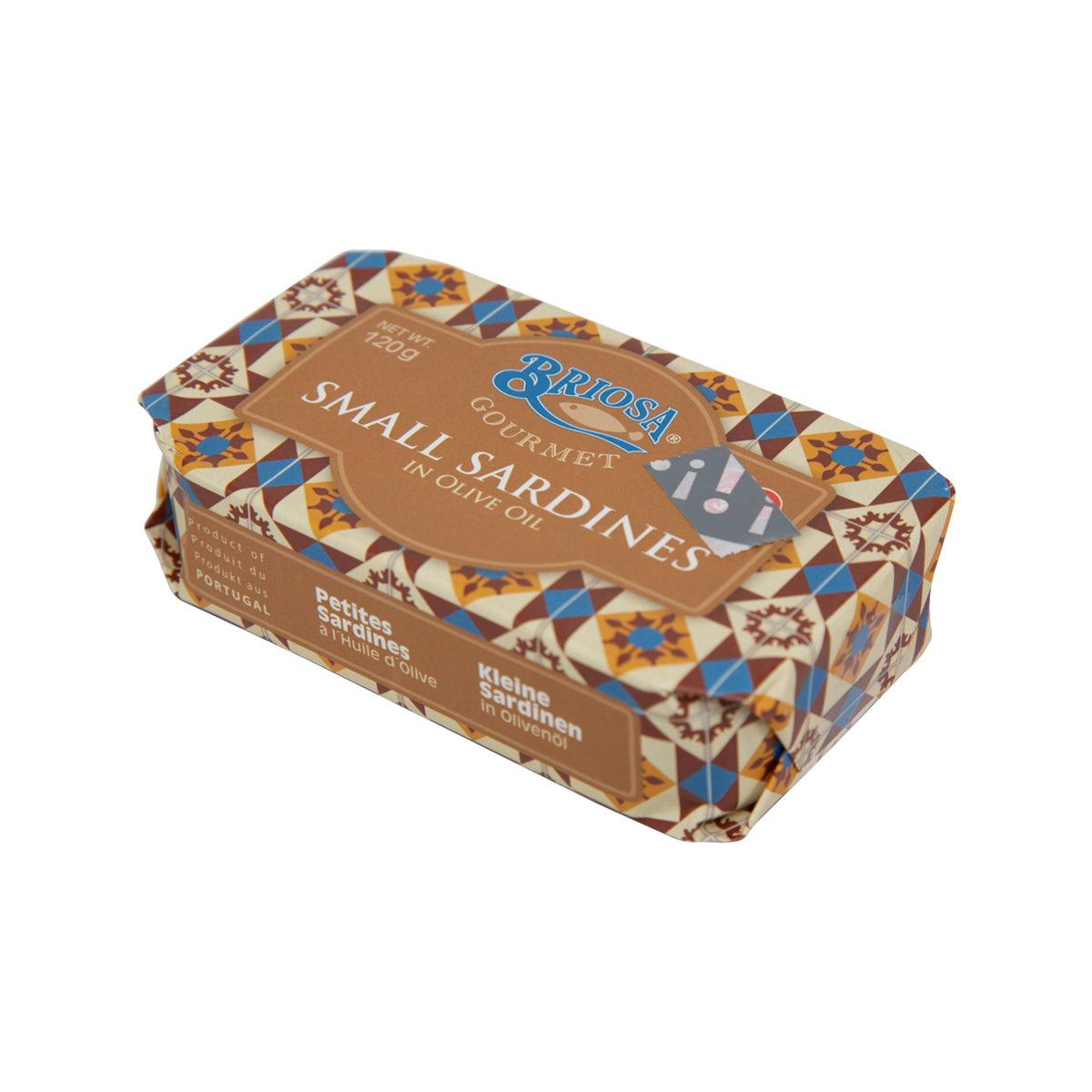 BRIOSA small sardines in olive oil 120g pack, angled view