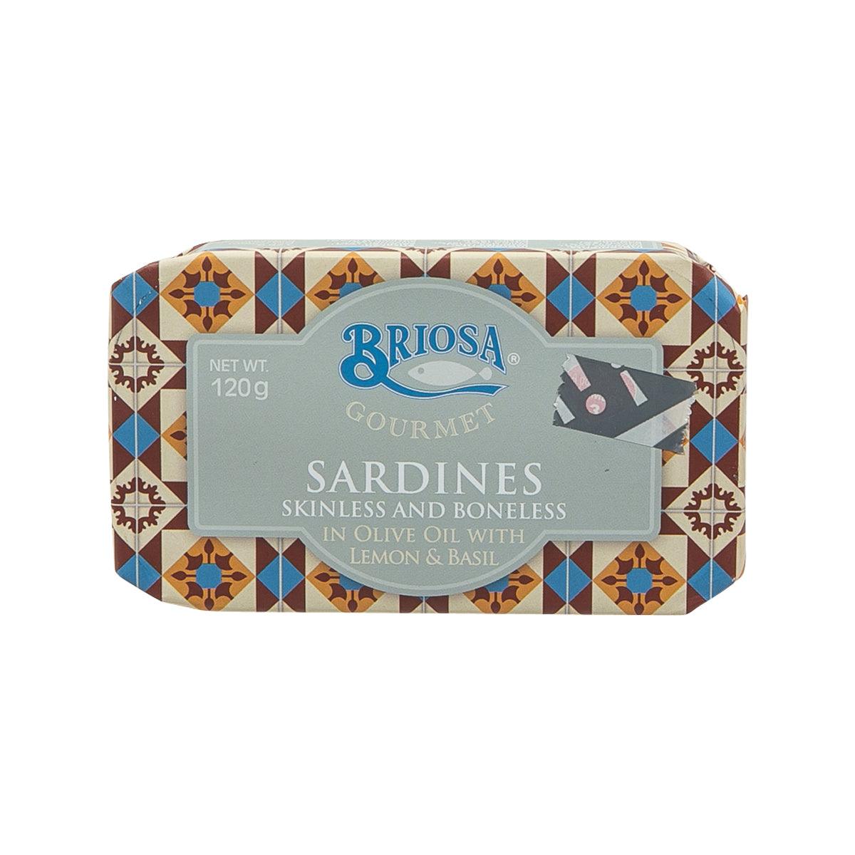 Gourmet sardine tin in olive oil with lemon and basil, skinless and boneless