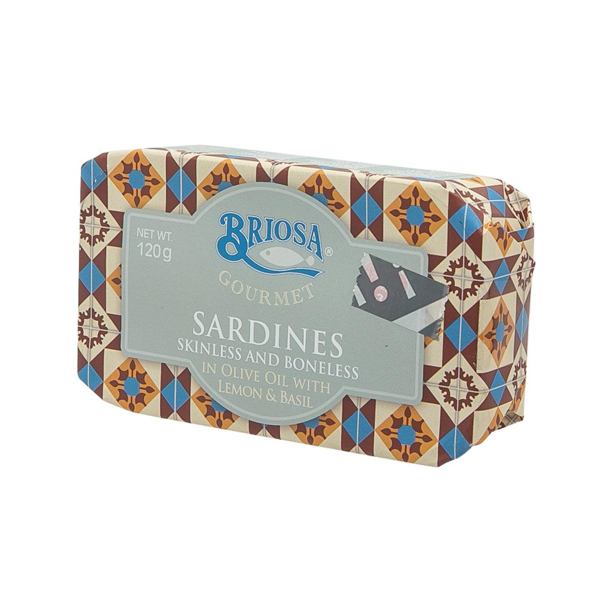 Gourmet sardine tin with BRIOSA logo and lemon-basil olive oil label