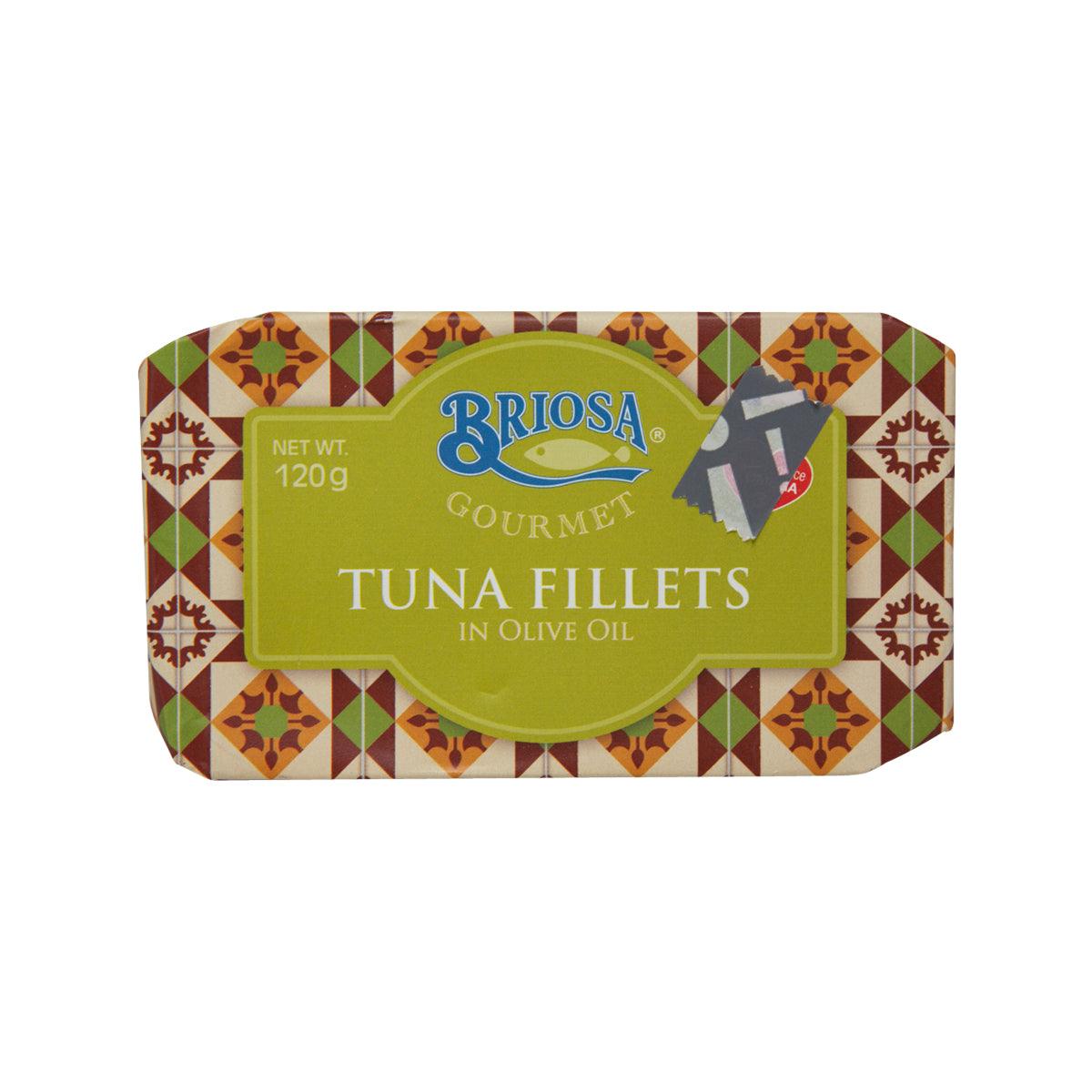 BRIOSA tuna fillets in olive oil 120g box, patterned wrap with green label