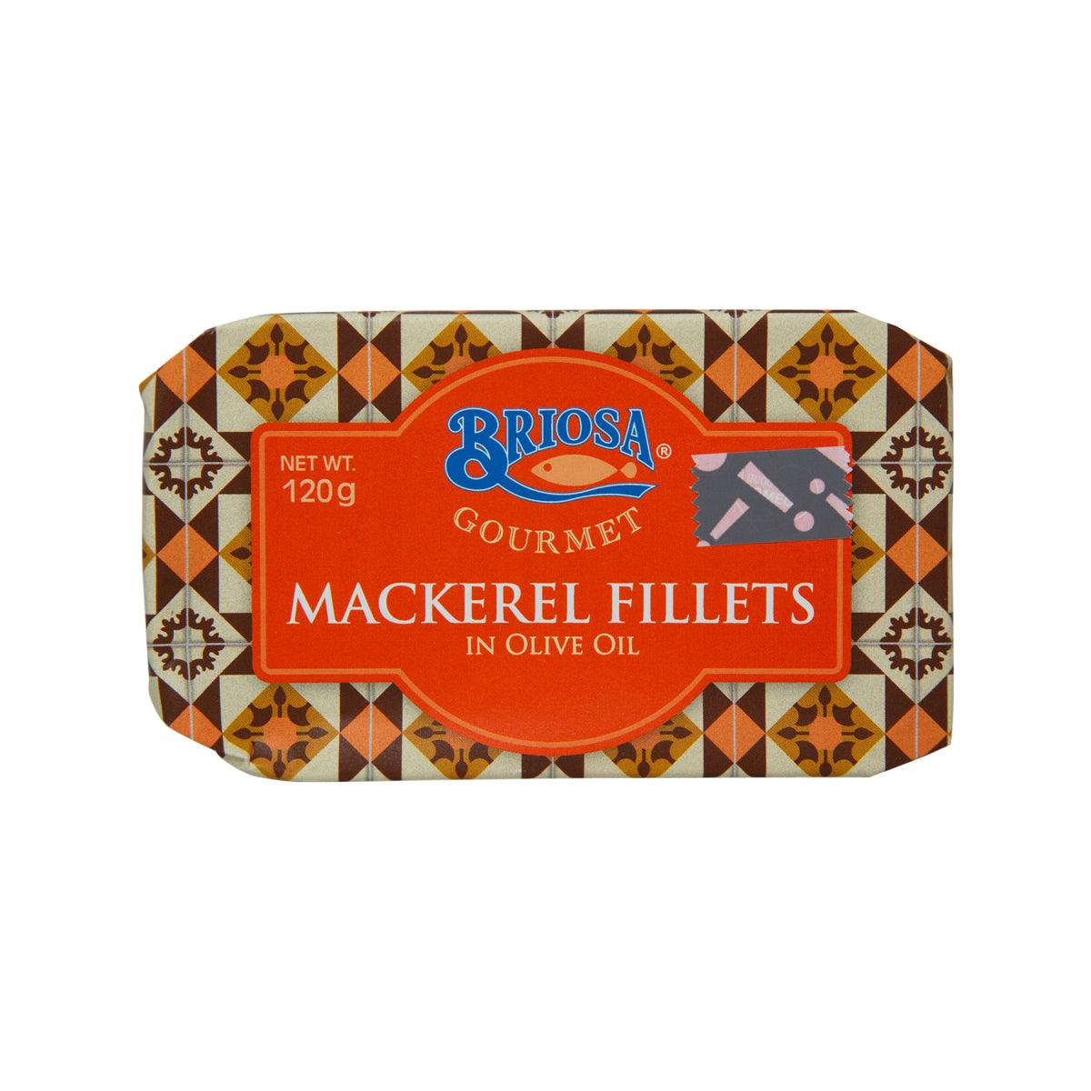BRIOSA mackerel fillets in olive oil 120g tin with orange front label
