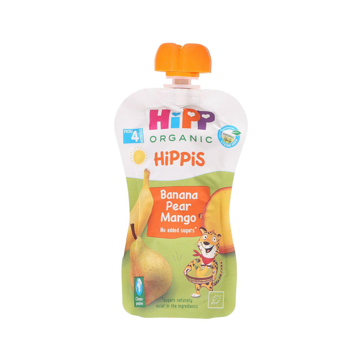 Organic fruit puree pouch with orange flip cap, Banana Pear Mango flavor