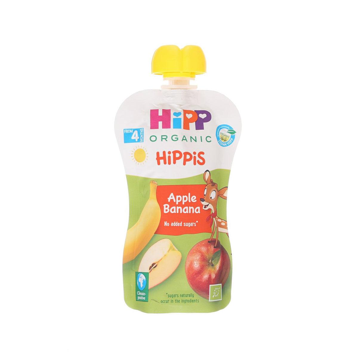 HIPP organic apple banana fruit pouch with yellow squeeze cap