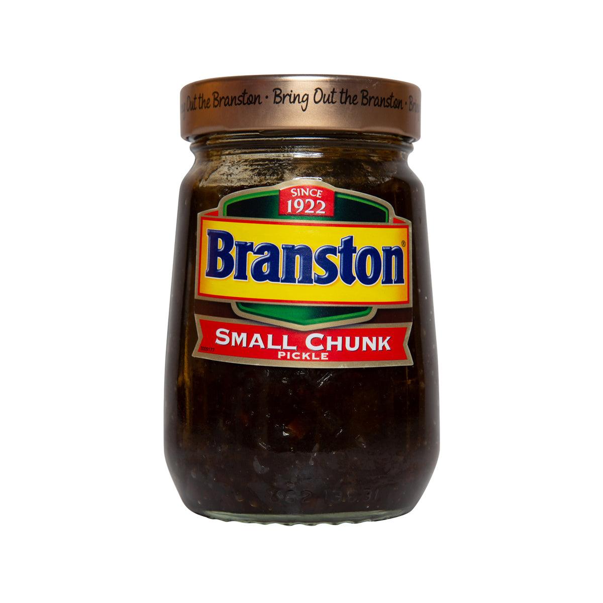 BRANSTON small chunk pickle jar with brown pickle pieces and green-red label