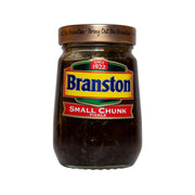 BRANSTON small chunk pickle jar with brown pickle pieces and green-red label