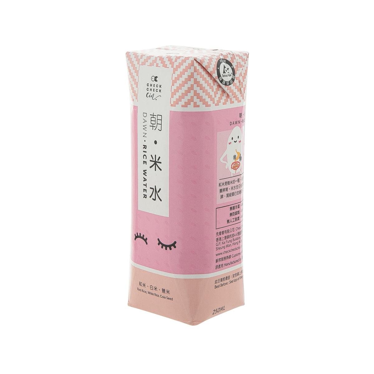 CHECK CHECK Dawn Rice Water carton, pink with check pattern and side label text, 250 mL