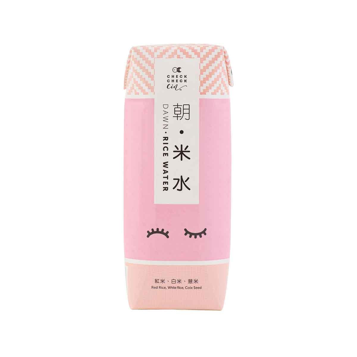CHECK CHECK Dawn Rice Water carton, pink with check pattern and eyelash icons, 250 mL