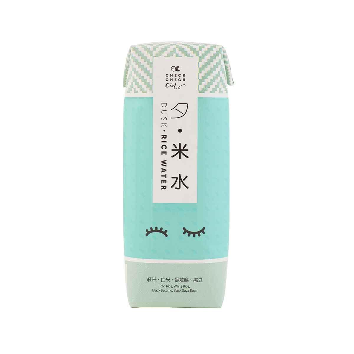 Teal rice water drink carton with patterned top and CHECKCHECKCIN logo, front view