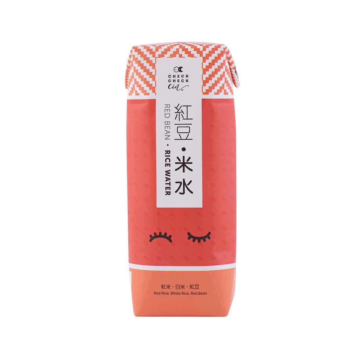 Red bean rice water carton, red-orange with zigzag top and eyelash icons