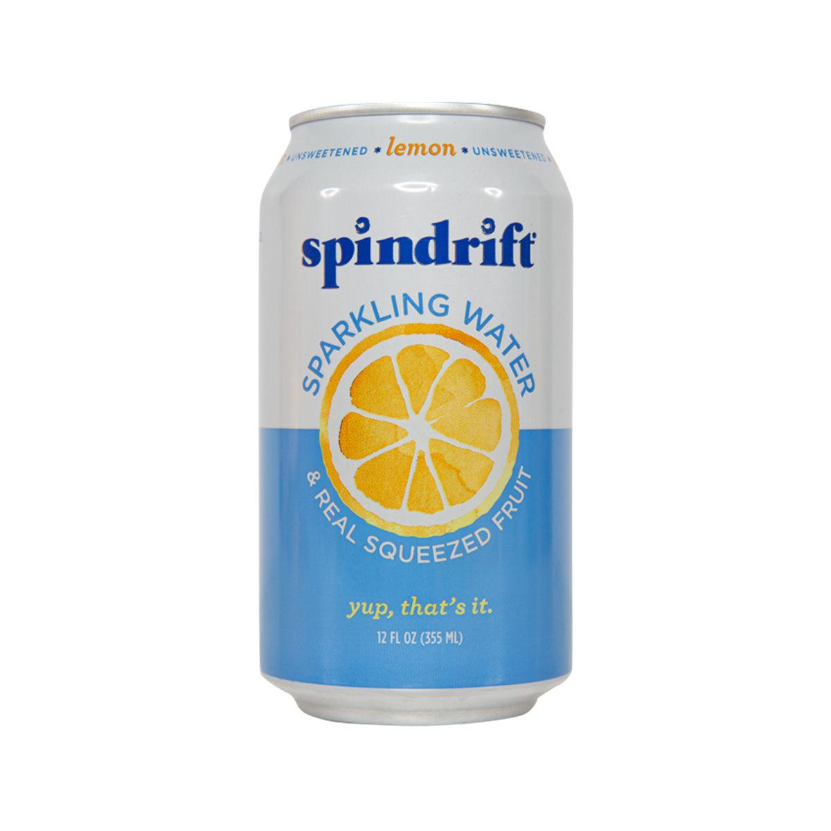 Spindrift sparkling water can, blue and white with lemon slice graphic