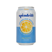 Spindrift sparkling water can, blue and white with lemon slice graphic