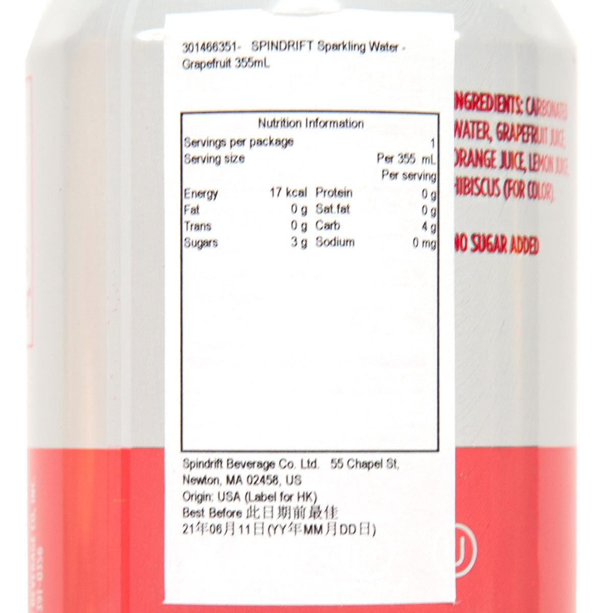 SPINDRIFT grapefruit sparkling water can, nutrition facts panel on back