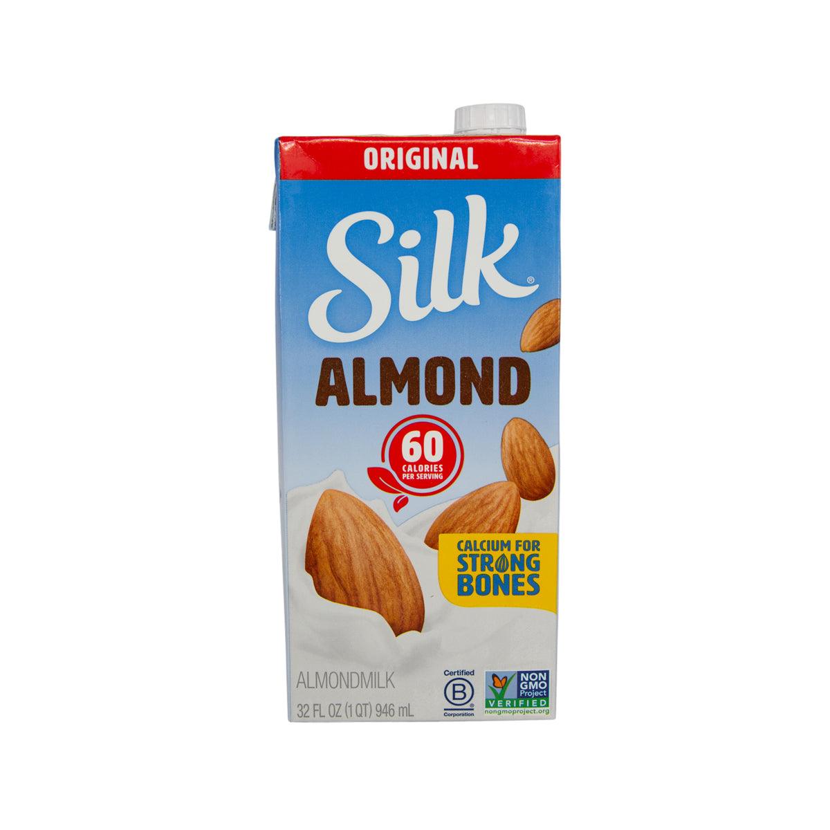 Original almond milk carton, blue and red front with Silk Almond label