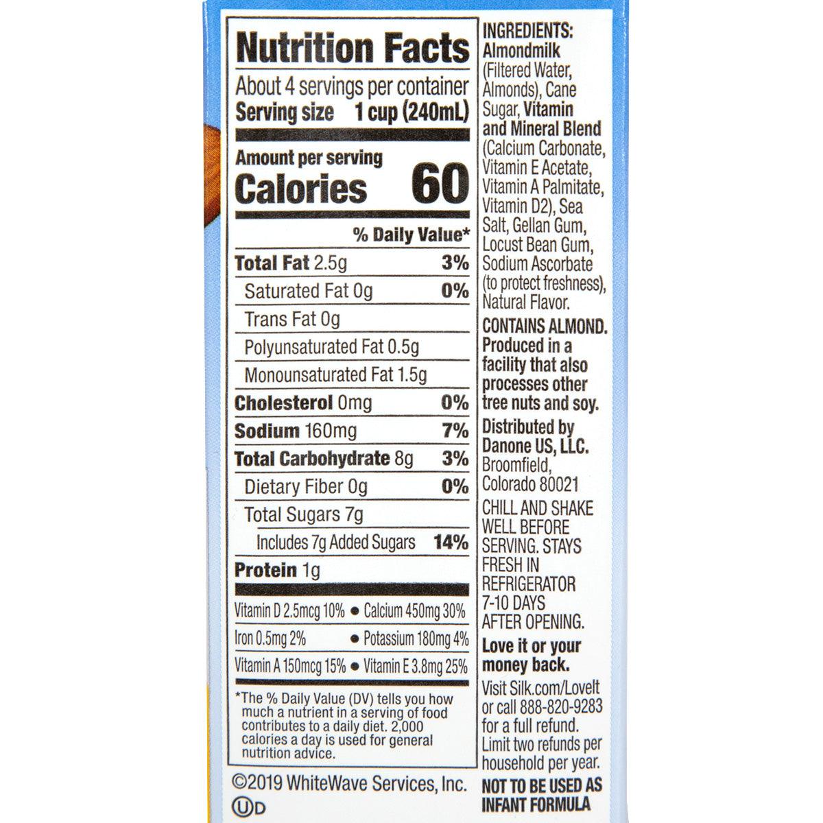 Nutrition Facts panel on almond milk carton with calories, fats, and sugars