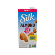 Unsweet almondmilk carton, blue and pink Silk Almond label