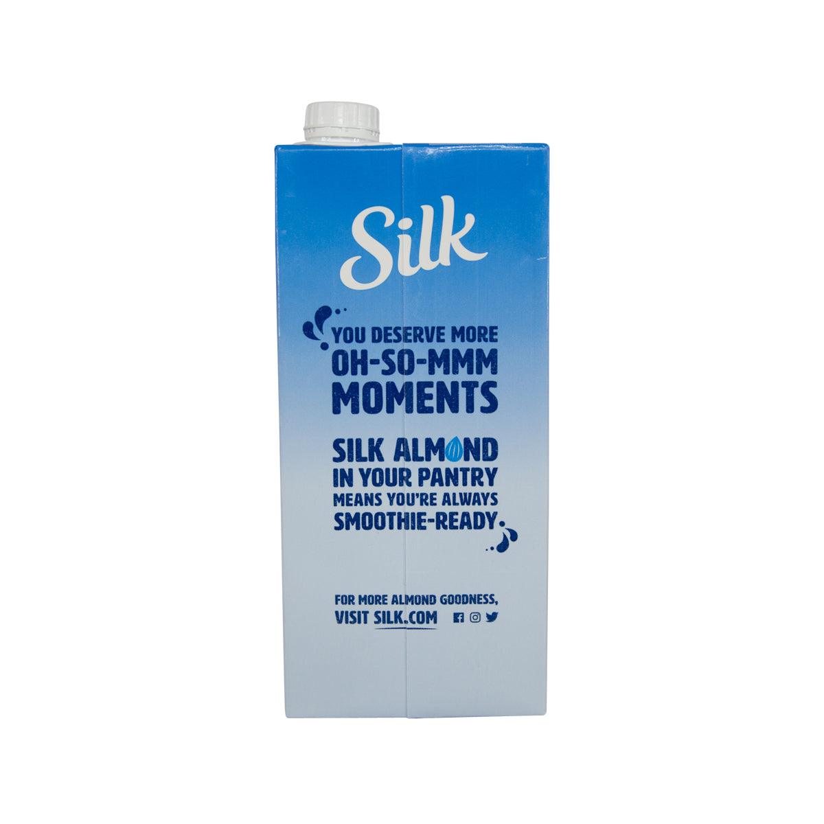 Silk almondmilk carton back panel with readiness message and blue cap