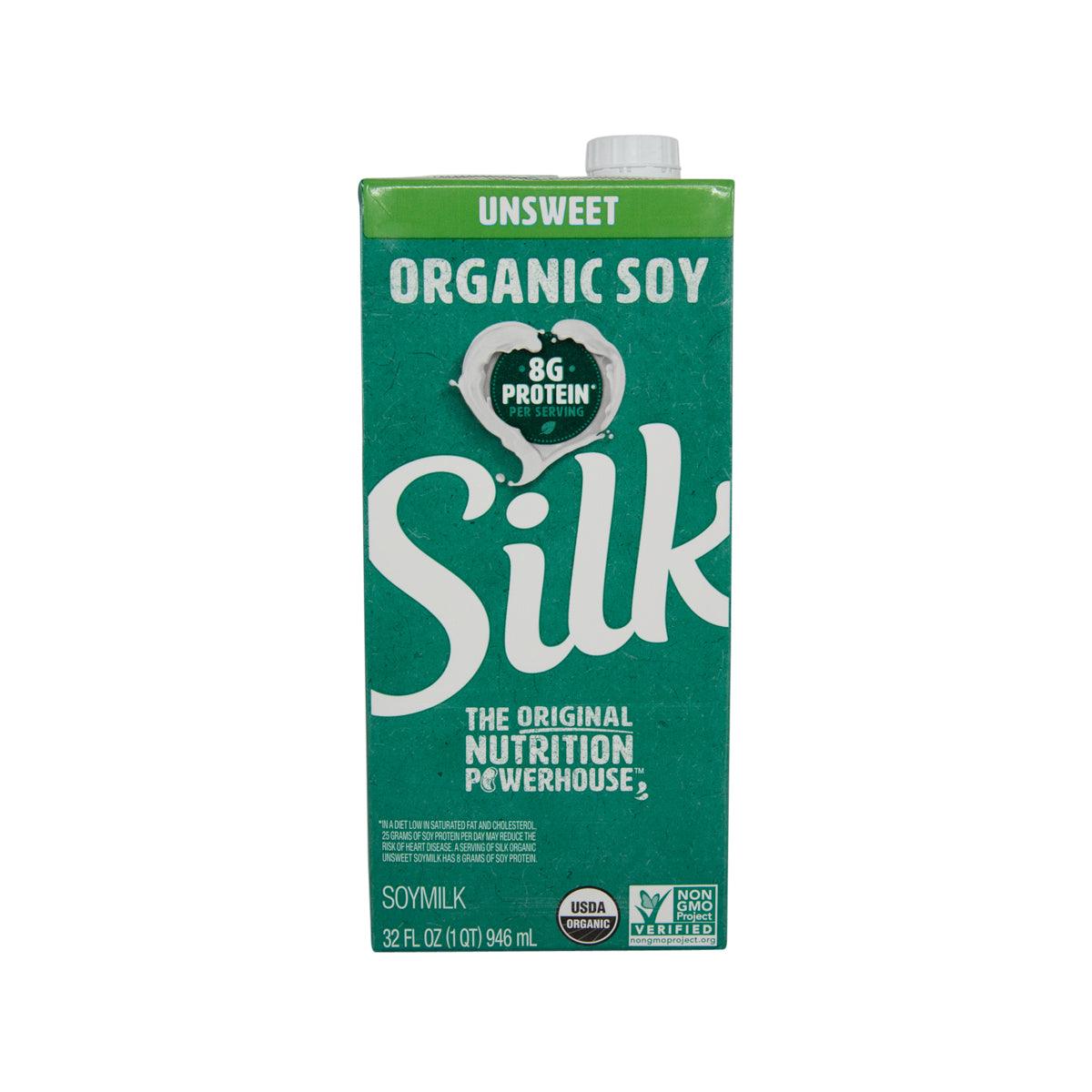 Unsweetened organic soy milk carton, green front, 946 mL