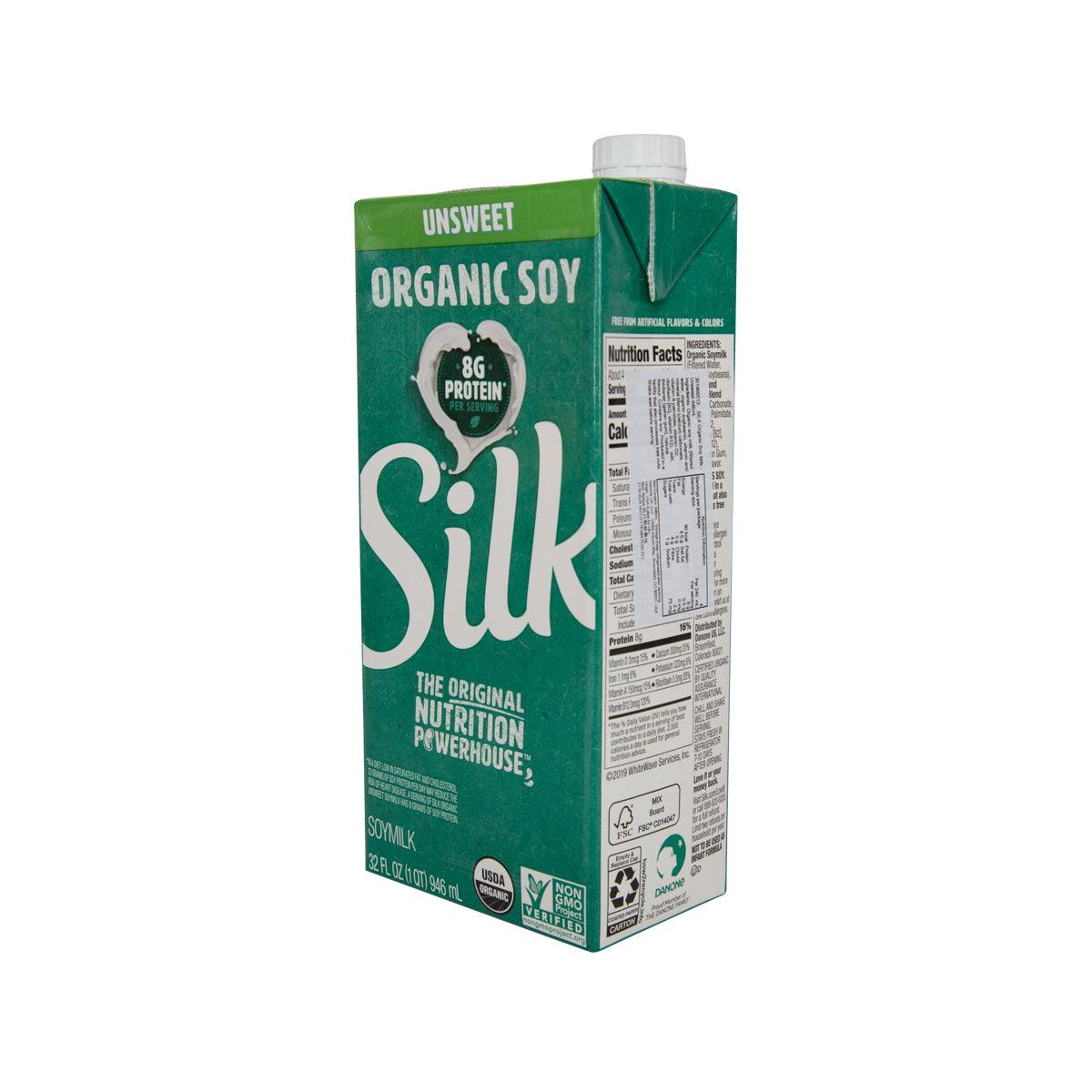 Unsweetened organic soy milk carton, green back with nutrition facts