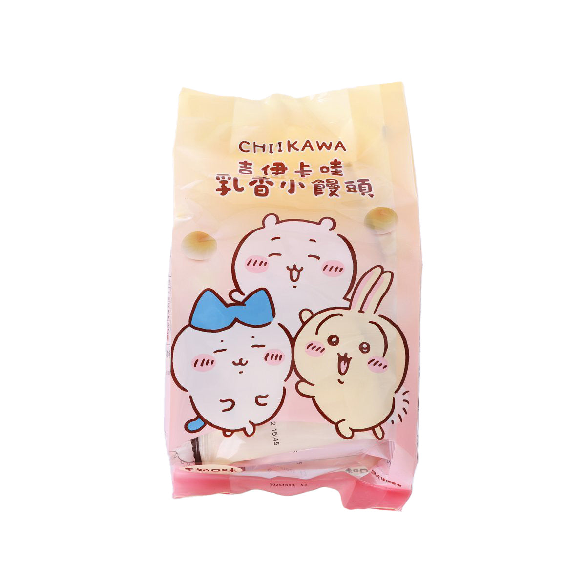 Milk biscuit snack bag with cute character illustration on light pink packaging