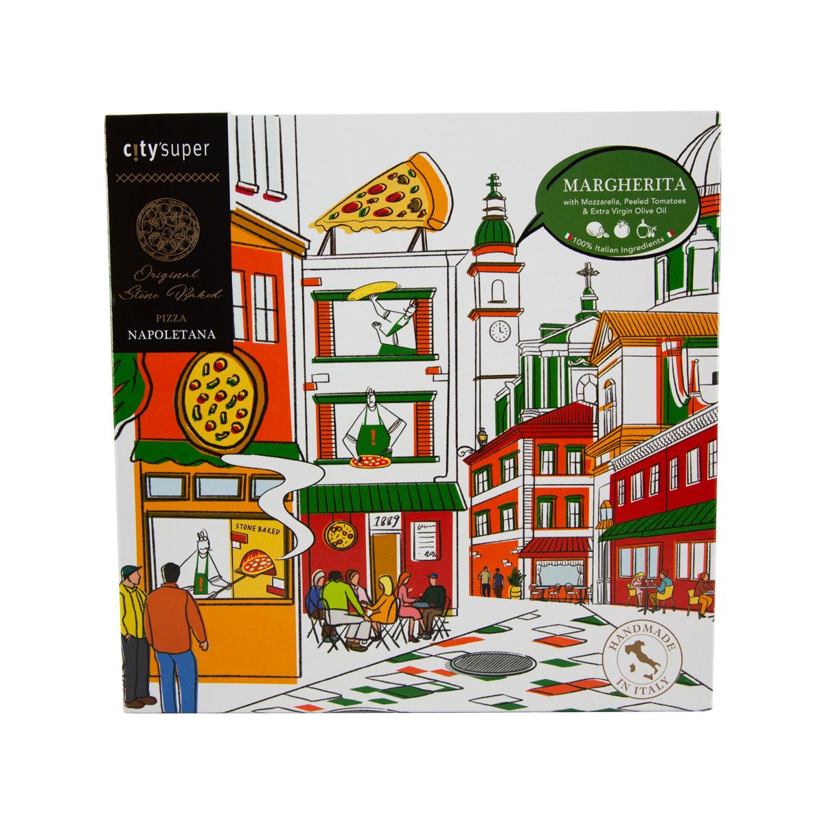 Frozen Margherita 9-inch pizza box with colorful city illustration and logo