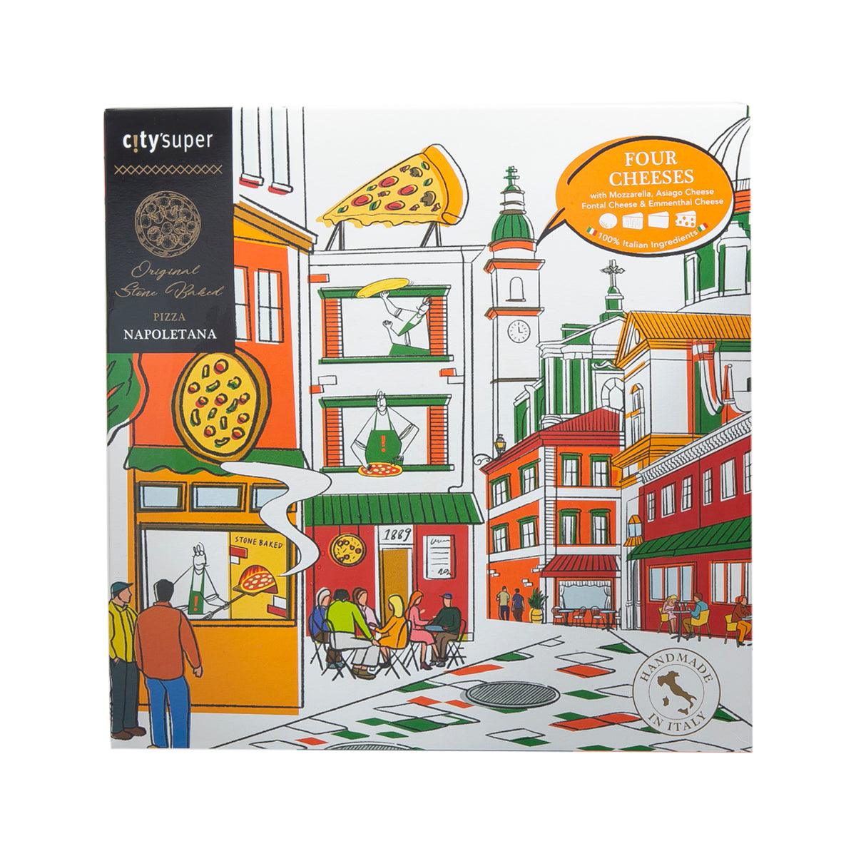 CITYSUPER frozen four-cheese pizza box with city illustration and orange label