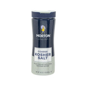 Coarse kosher salt container with blue label and MORTON logo, net wt 16 oz (453 g)